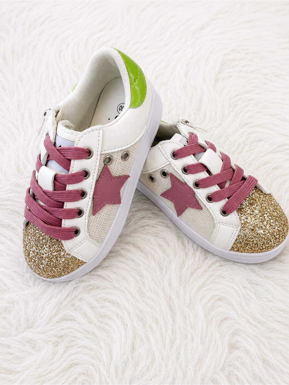 Lola + The Boys White Sneakers with Pink Stars and Gold Glitter Toes